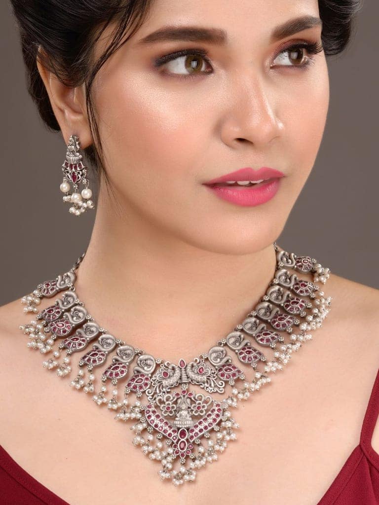 Oxidised Silver Toned Antique Temple Peacock Design Choker Jewellery set view 4