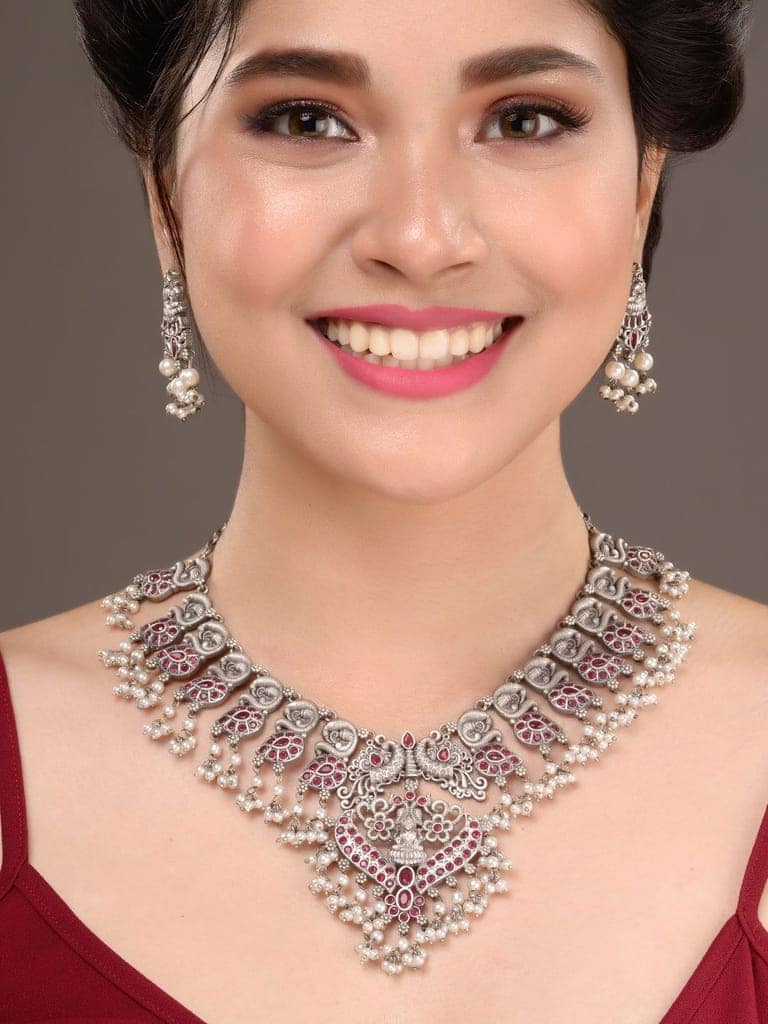 Oxidised Silver Toned Antique Temple Peacock Design Choker Jewellery set view 5
