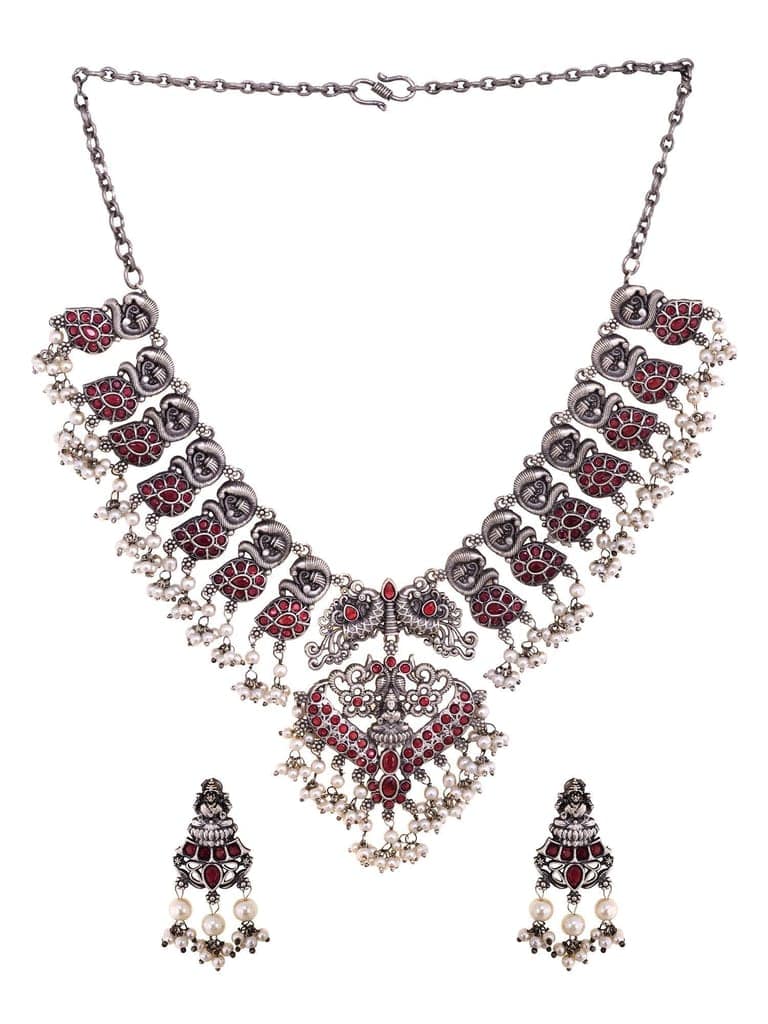 Oxidised Silver Toned Antique Temple Peacock Design Choker Jewellery set view 6