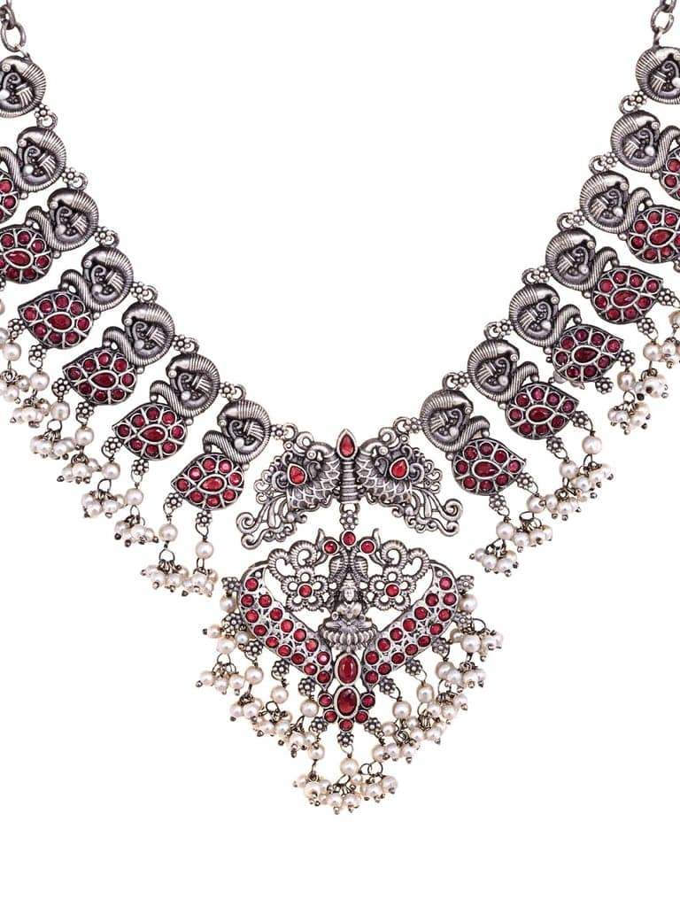 Oxidised Silver Toned Antique Temple Peacock Design Choker Jewellery set view 7