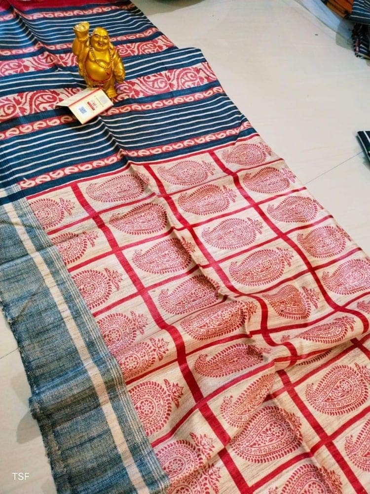 Silkmark Certified Tussar Silk Handloom Handblock Printed Red Saree with Blouse-1676