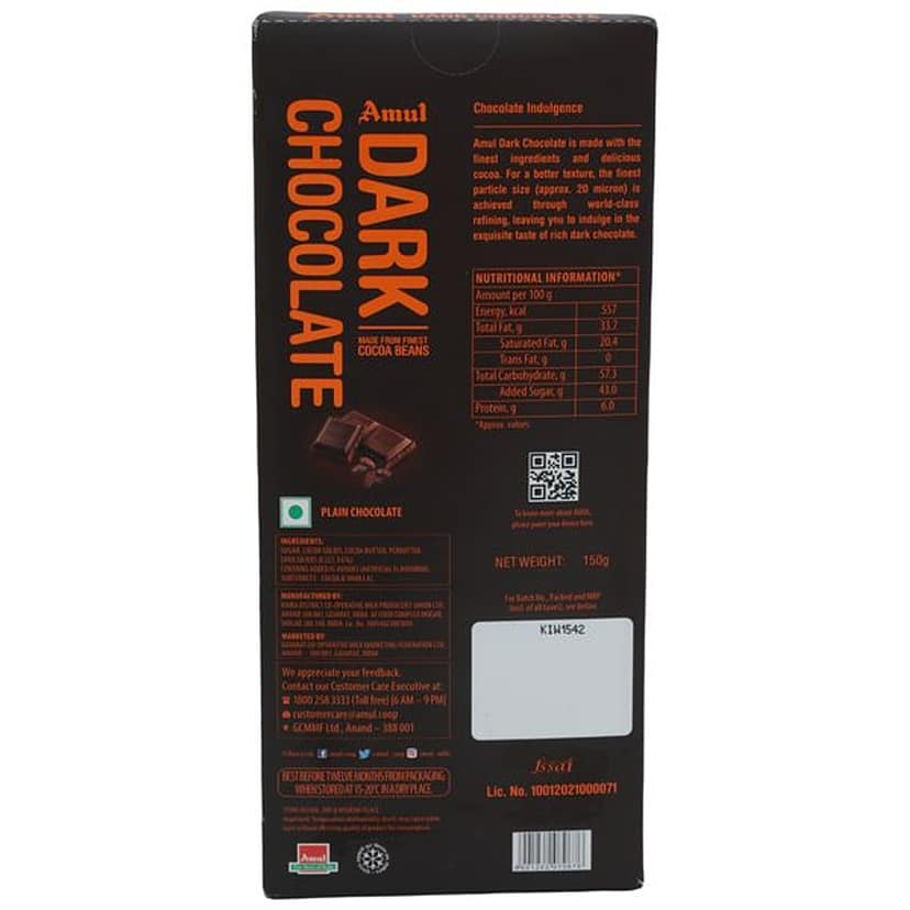 Amul Dark Chocolate- 55% Rich In Cocoa, 150 G Carton view 2