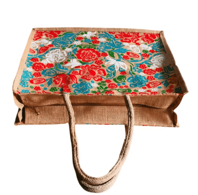 Eco-Friendly Jute Tote Bag with Vibrant Floral Print view 3