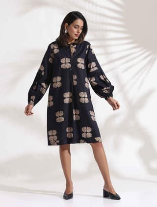 trueBrowns Black Cotton Print Short Dress - Black (6XL)