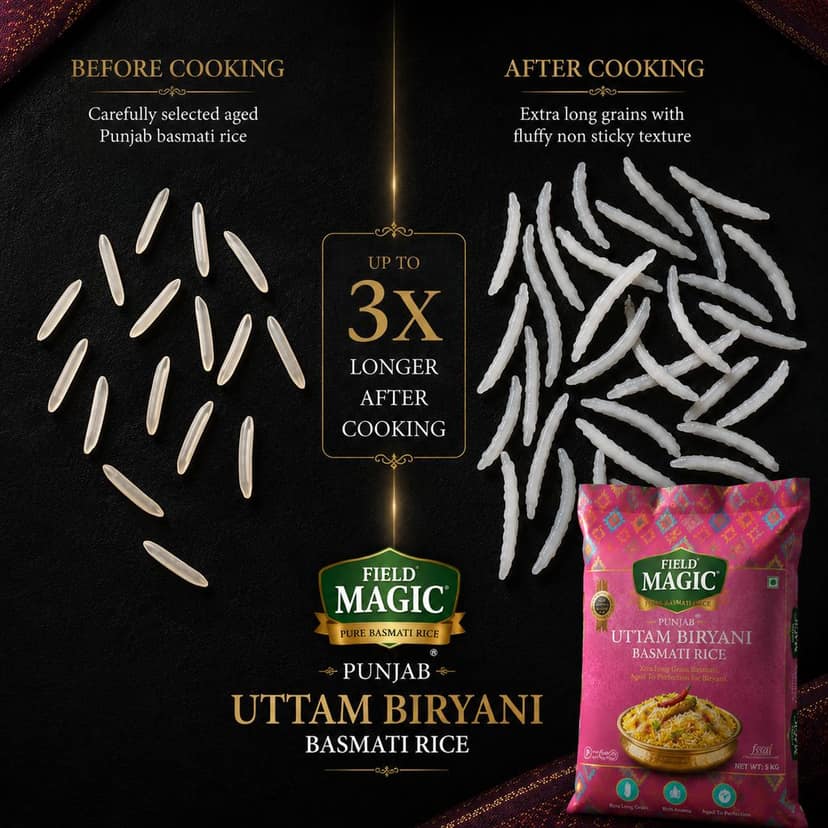 Field Magic Uttam Punjabi Basmati Rice | Punjab Extra Long Grain Premium Rice (Upto 24mm Cooked) | Aromatic Premium Punjab Basmati Rice| # Kg view 5