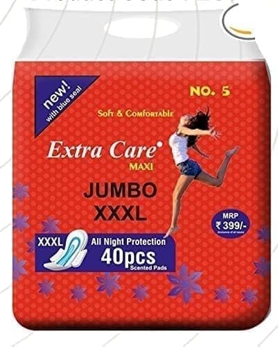 Extra Care Maxi Jumbo Sanitary Pads for Women | Skin Friendly, Odour free Sanitary Napkins (40 Sanitary Pads + Panty Liners, Size 2XL)
