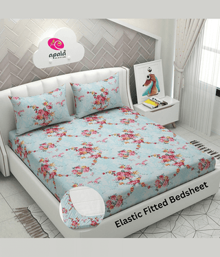 Apala Microfibre Floral Fitted Fitted bedsheet with 2 Pillow Covers ( King Size ) - Sky Blue