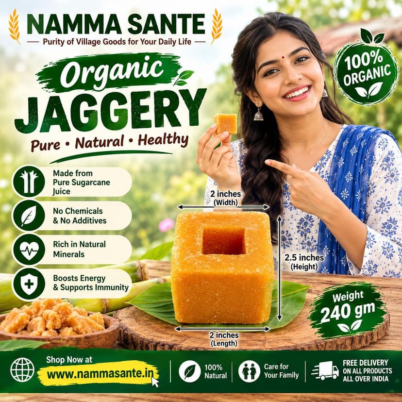 Organic Jaggery, Gur, Bella, Sharkara, Chakkarai 240gm