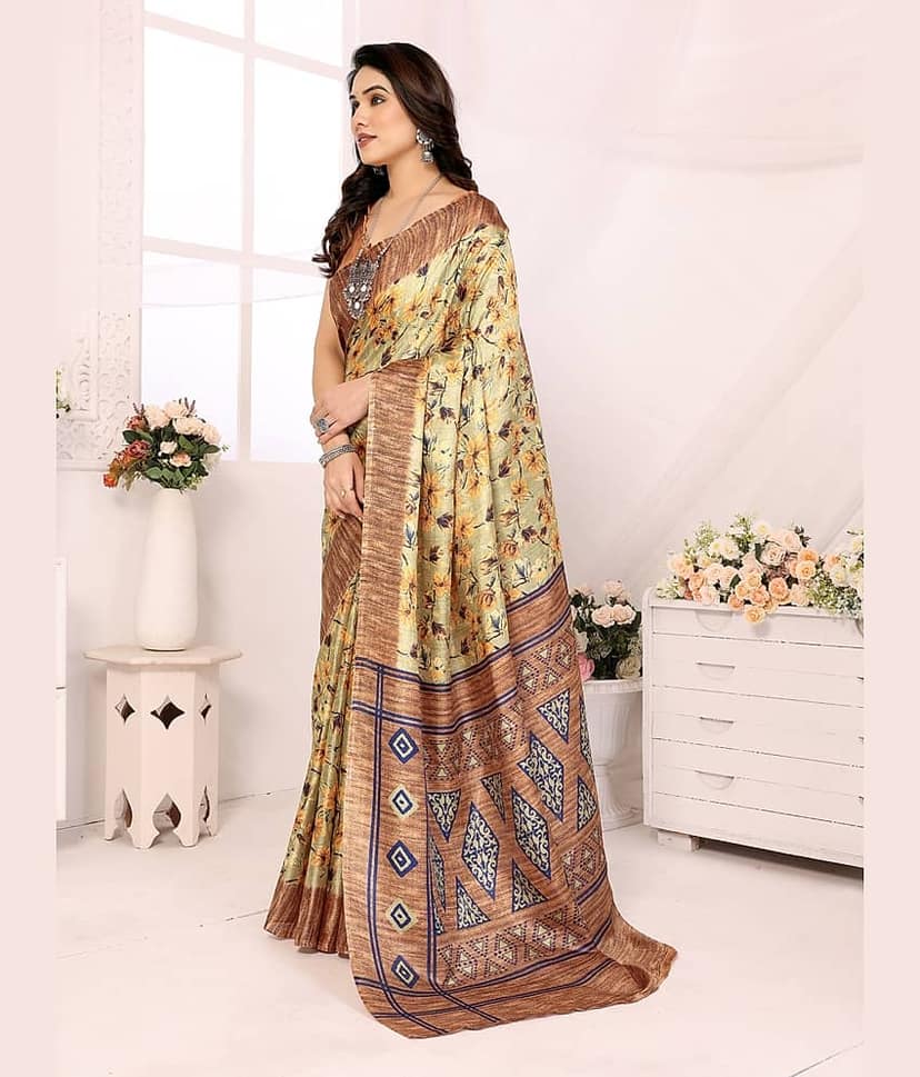 BLEESBURY Cotton Blend Printed Saree With Unstitched Blouse Piece ( Brown ) view 2
