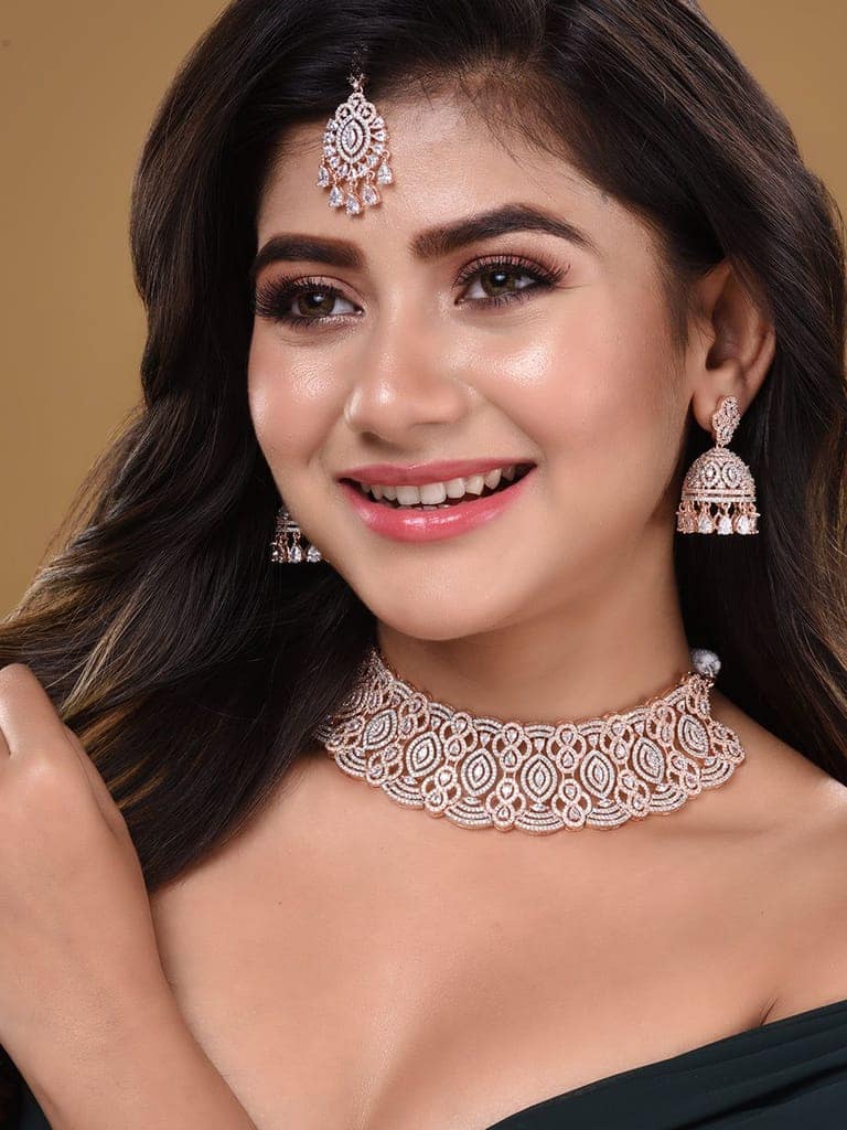 Rose Gold Plated White AD Studded Heavy Choker Jewellery Set view 2