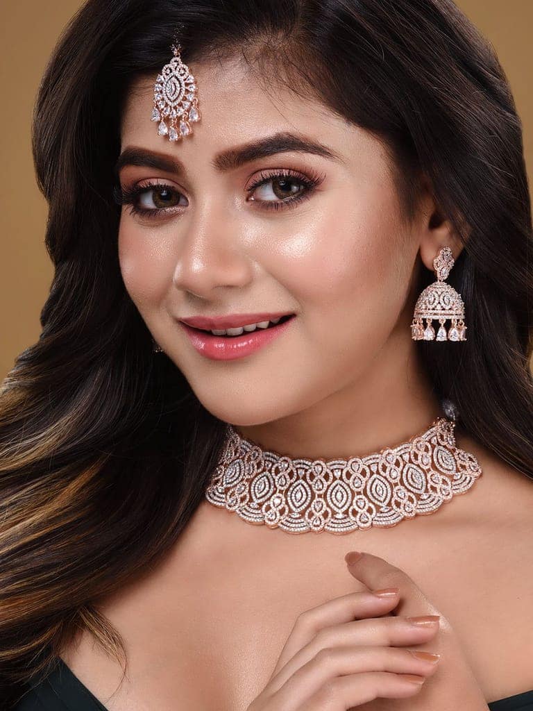 Rose Gold Plated White AD Studded Heavy Choker Jewellery Set view 3