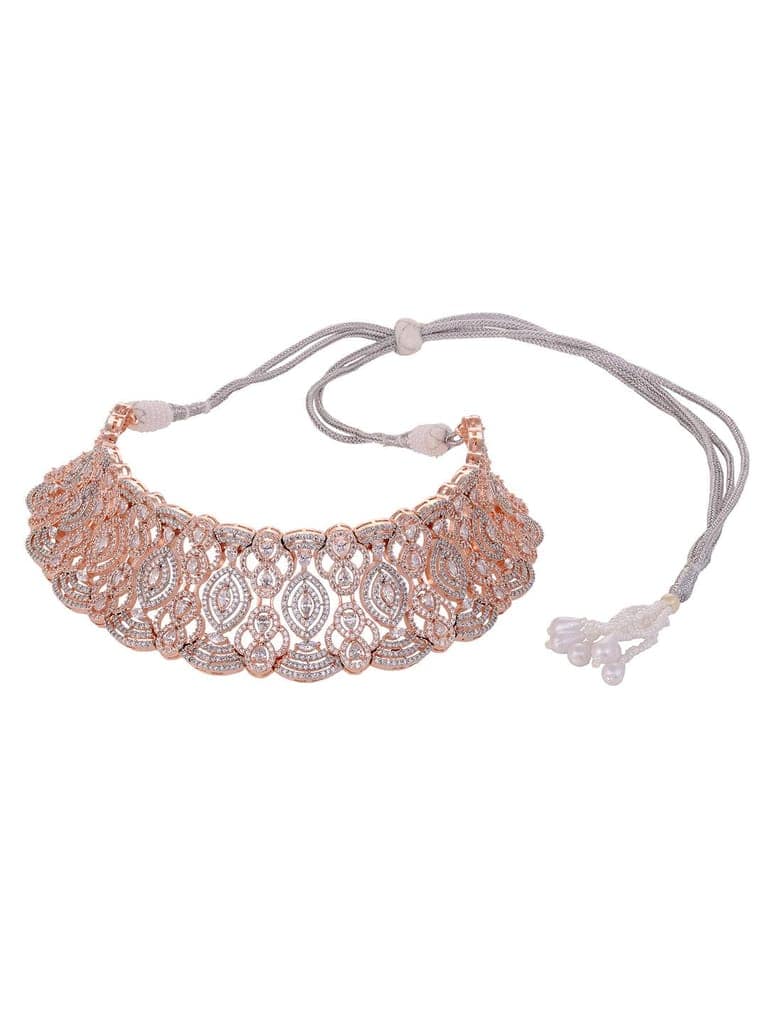 Rose Gold Plated White AD Studded Heavy Choker Jewellery Set view 6