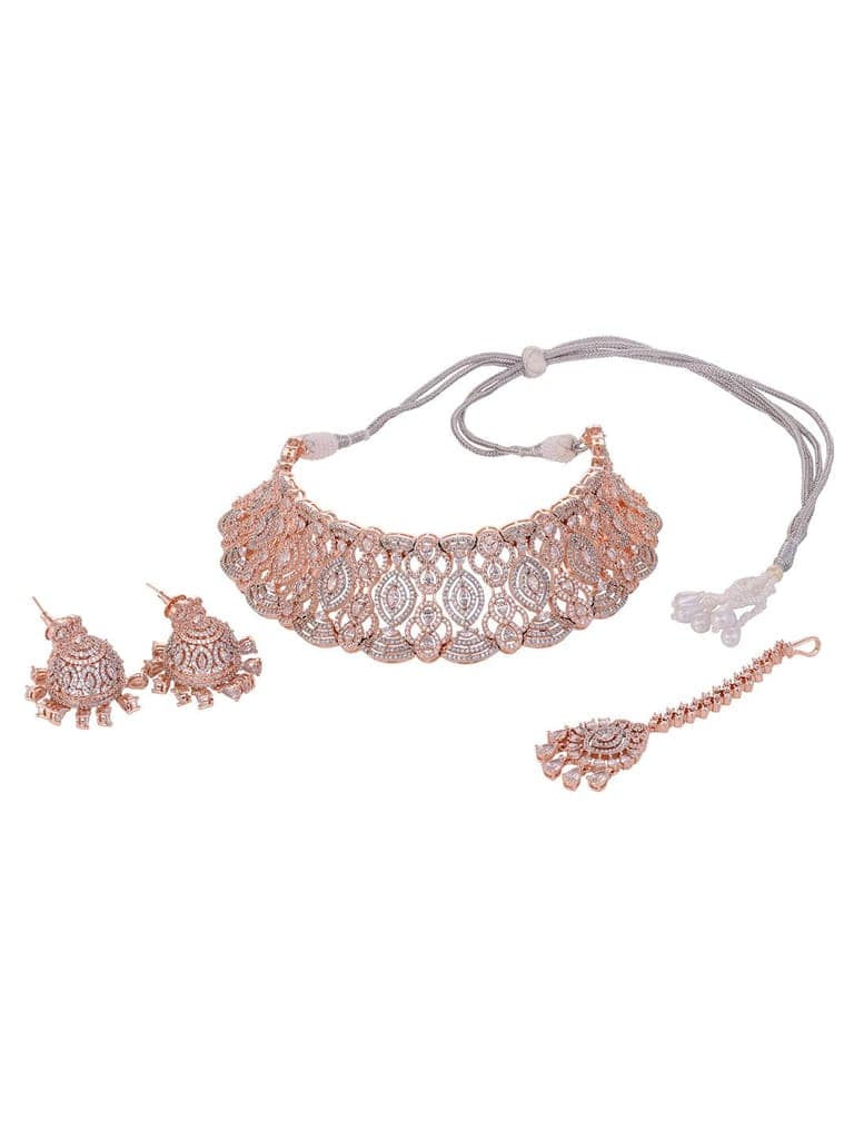 Rose Gold Plated White AD Studded Heavy Choker Jewellery Set view 7