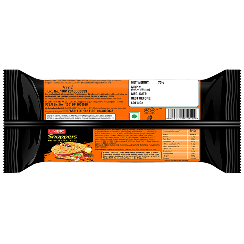 Unibic Snappers Potato Crackers - Indi Spice, Light, Crispy Snack, 75 G view 2