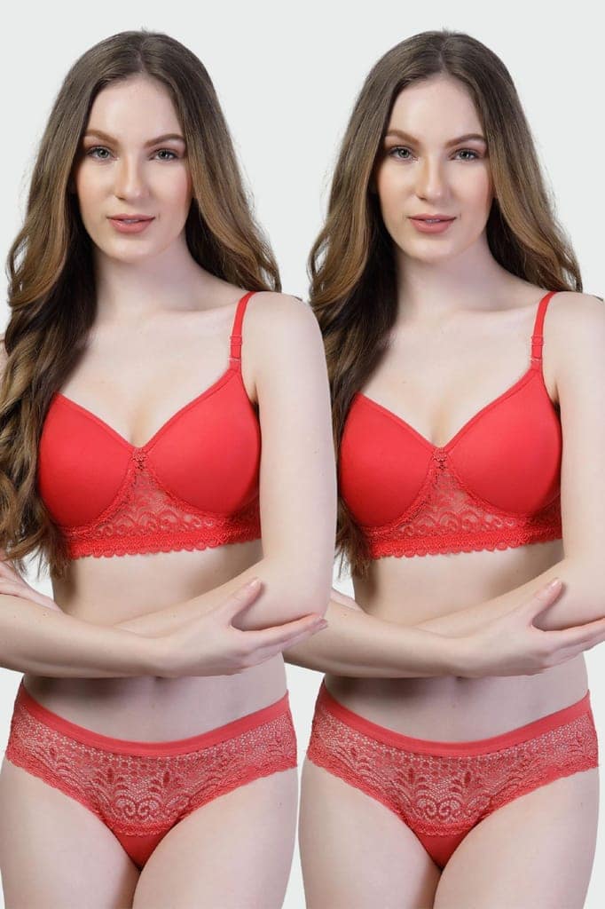 Pack of 2 Cotton Lace Bra Panty Set | Women�s Padded Lingerie Innerwear view 2