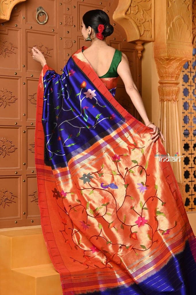 Shubh ~ Handloom Pure Silk Muniya Border Paithani Saree with Exclusive All Over Floral Weave in Royal Blue view 4