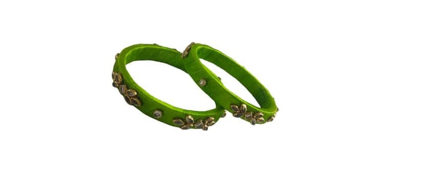 Vibrant Green Thread Work Bangles with Embellishments (Pair) view 3