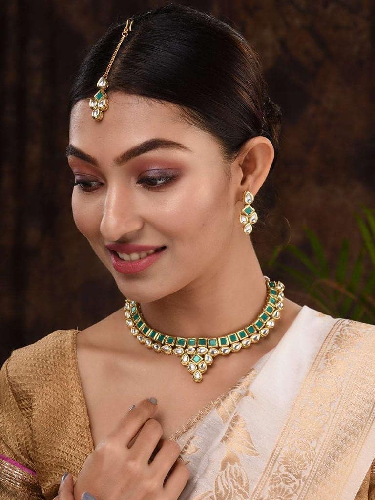 Gold Plated Green & White Kundan studded modern Necklace Jewellery Set