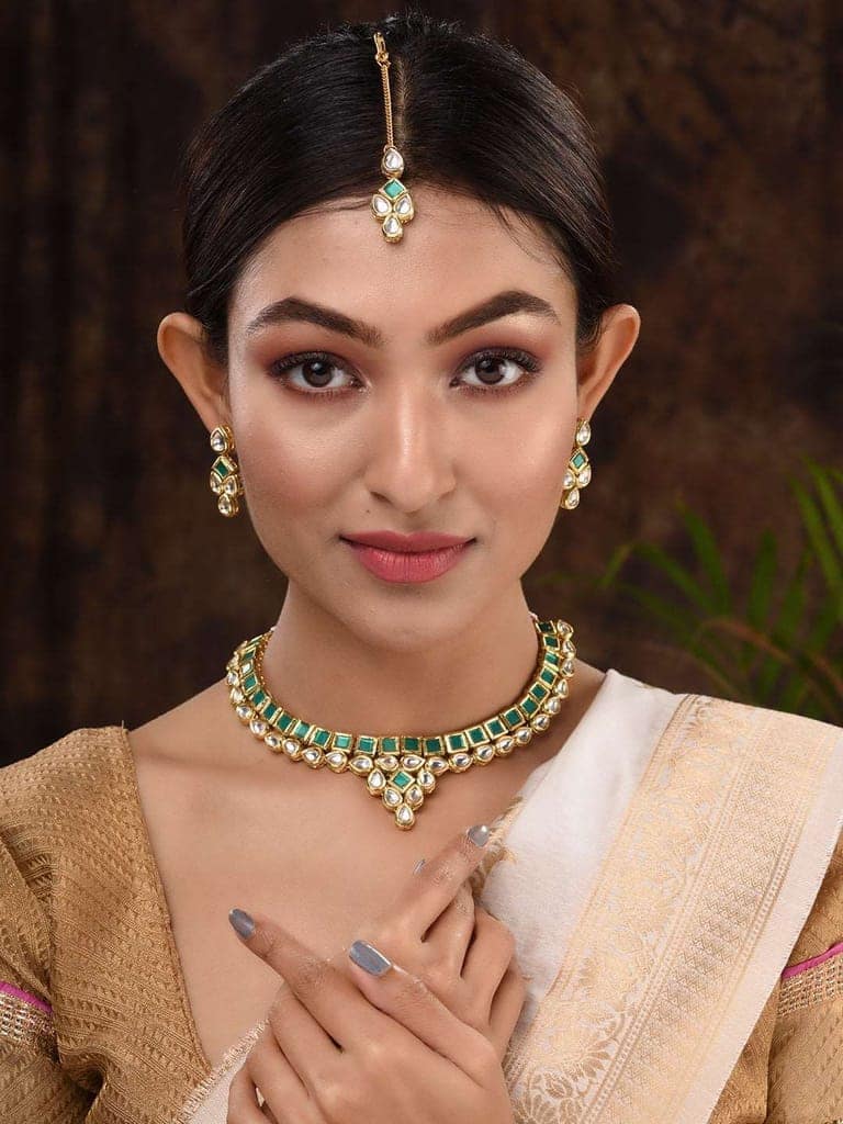Gold Plated Green & White Kundan studded modern Necklace Jewellery Set view 3