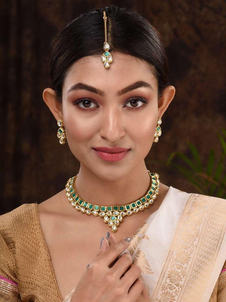 Gold Plated Green & White Kundan studded modern Necklace Jewellery Set view 4
