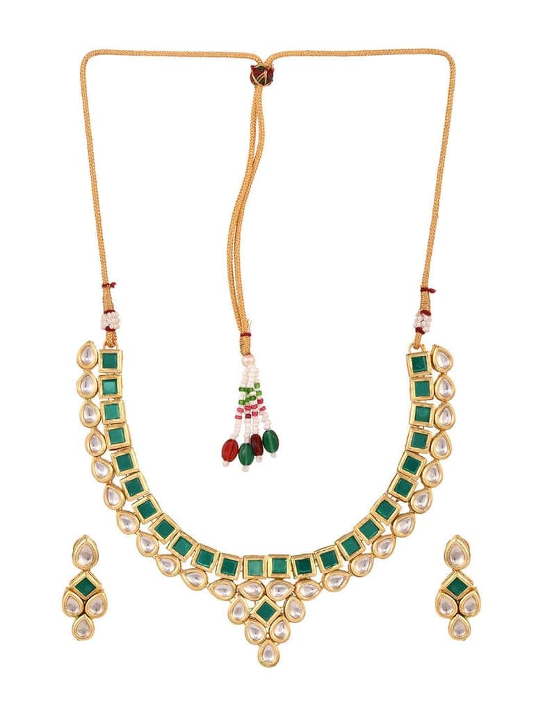 Gold Plated Green & White Kundan studded modern Necklace Jewellery Set view 5