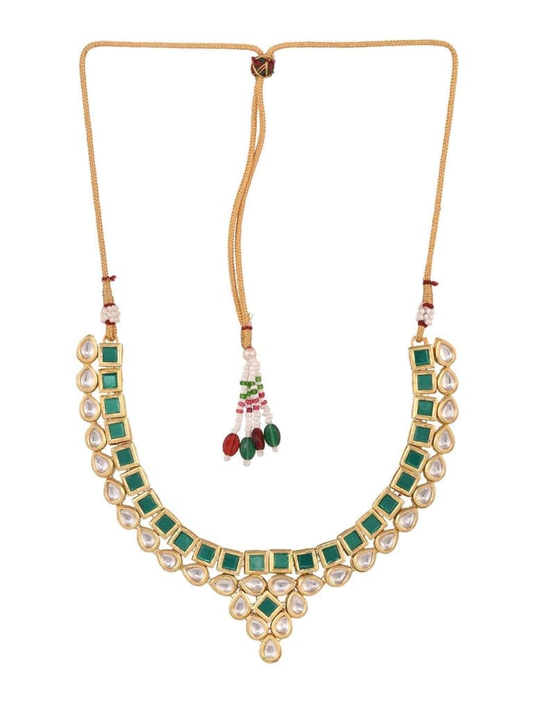 Gold Plated Green & White Kundan studded modern Necklace Jewellery Set view 6