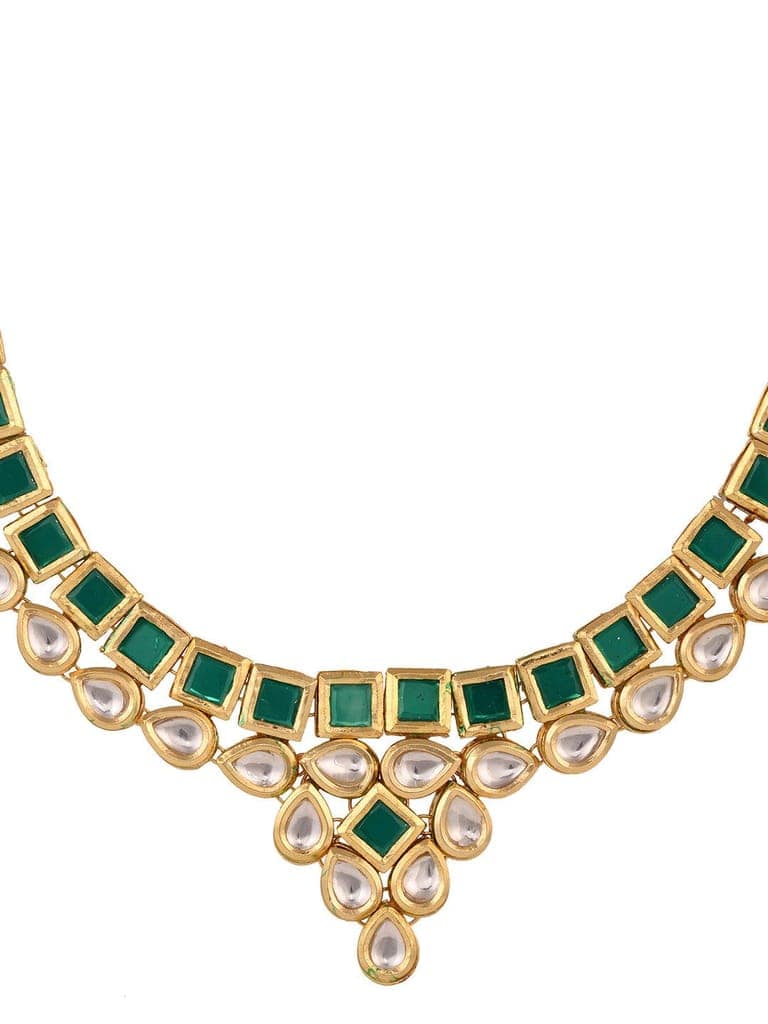 Gold Plated Green & White Kundan studded modern Necklace Jewellery Set view 7