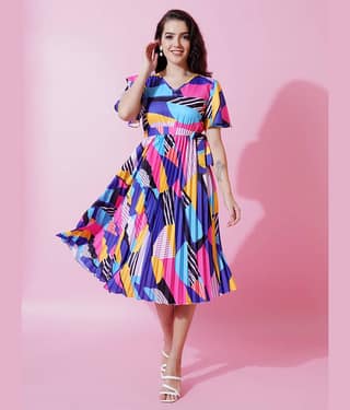ZWERLON Women Polyester Printed Fit & Flare Dress ( Blue )