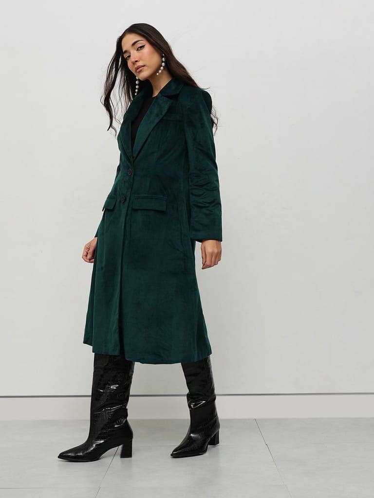 Emerald Green Velvet Trench Coat view 4