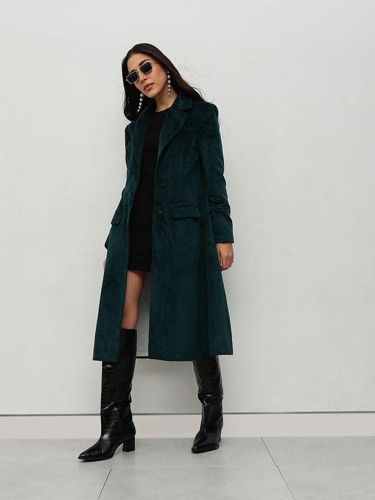Emerald Green Velvet Trench Coat view 6