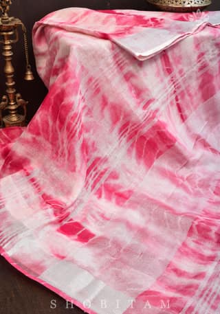 Shibori in Pink & White on Pure Linen by Linen Saree with Muted Silver Zari Border