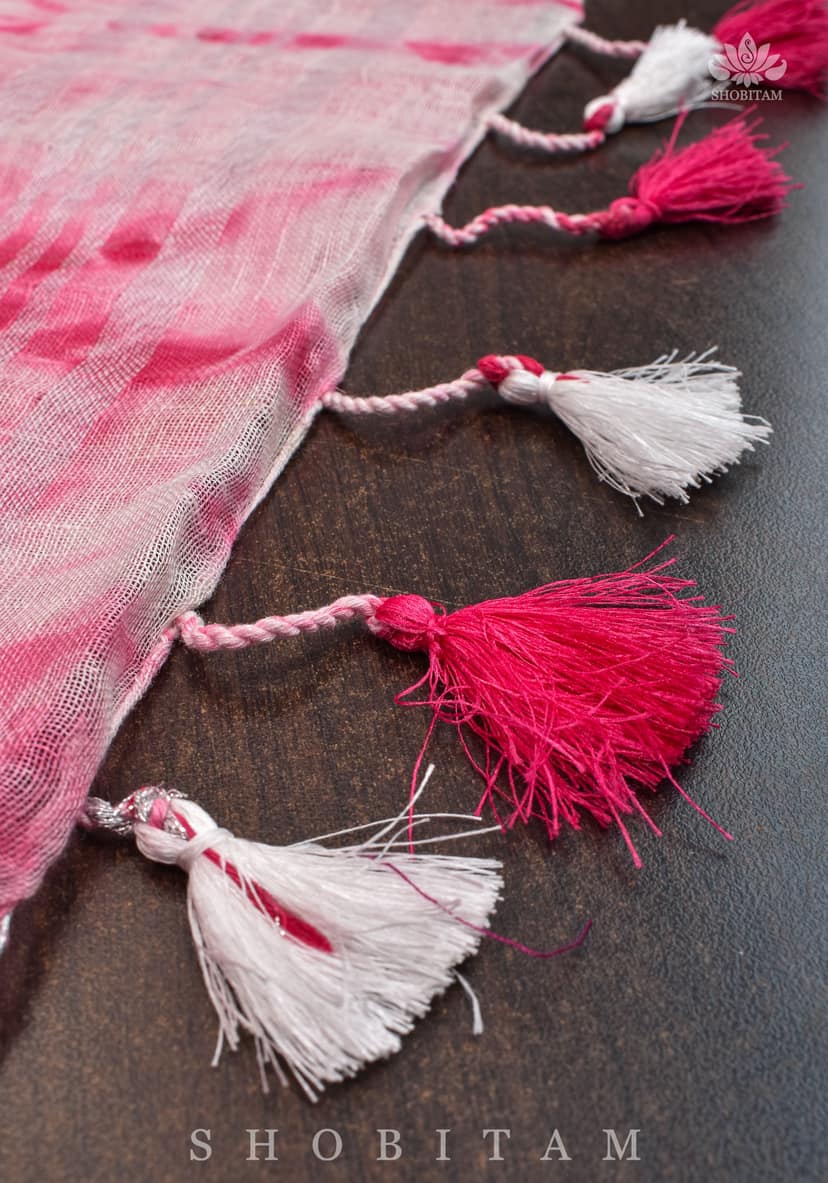 Shibori in Pink & White on Pure Linen by Linen Saree with Muted Silver Zari Border view 3