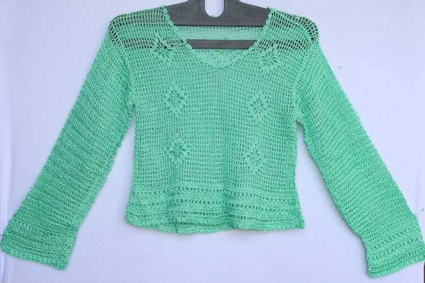 Mint Green Handcrafted Crochet Knit V-Neck Full Sleeve Top for Women