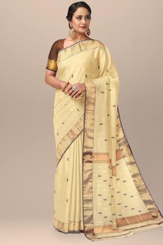 Canary Yellow Rudraksh Buti Handwoven Sausar Saree Silk with Zari Border SKU-BS10107