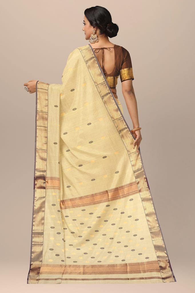 Canary Yellow Rudraksh Buti Handwoven Sausar Saree Silk with Zari Border SKU-BS10107 view 2