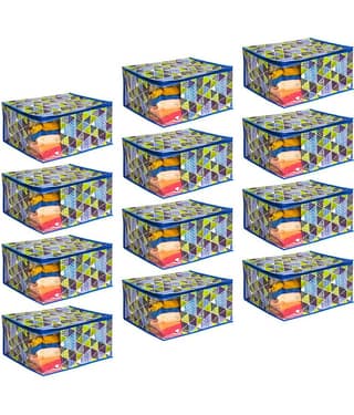 Saree Cover Large with Creative Prints, Saree Storage Bag with Zip, Wardrobe Organiser Clothes Cover & Storage, Trio Blue, Set of 12 pcs