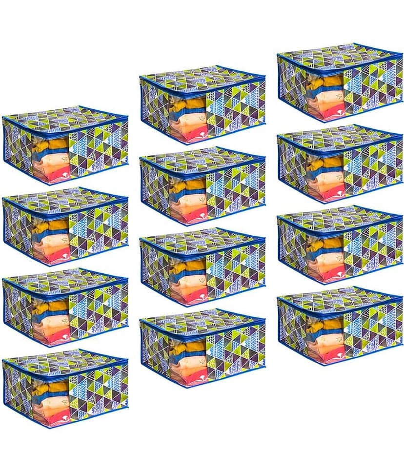 Saree Cover Large with Creative Prints, Saree Storage Bag with Zip, Wardrobe Organiser Clothes Cover & Storage, Trio Blue, Set of 12 pcs