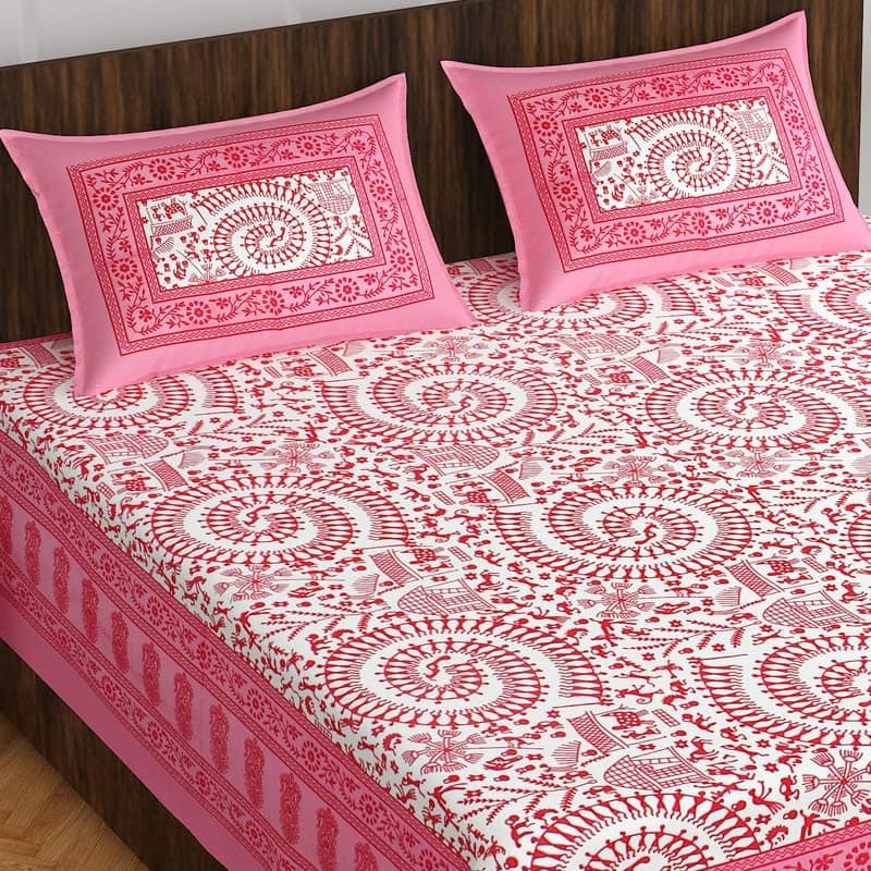Lali Prints Pink White Ethnic Motifs Cotton 130 TC Queen Bedsheet with 2 Pillow Covers