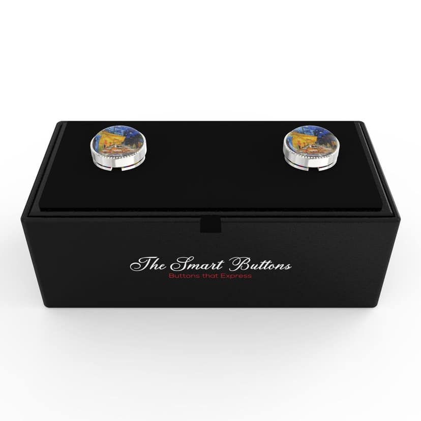 The Smart Buttons - Shirt Button Cover Cufflinks for Men - Cafe Terrace at Night Inspired by Vincent van Gogh view 3