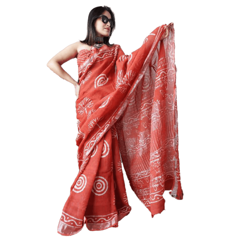 TheHangr Women's Beautiful Linen Cotton Floral Design Saree With Blouse Piece - Orange