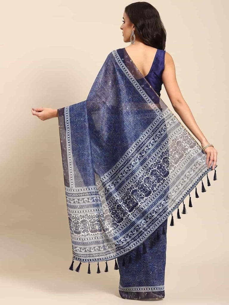 Women's Pure Cotton block print saree with unstiched blouse piece view 2