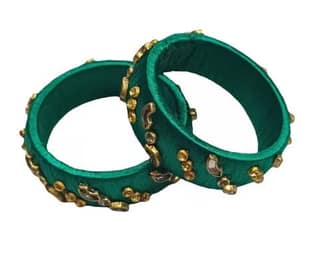 Emerald Green Silk Thread Bangles with Golden Kundan Work