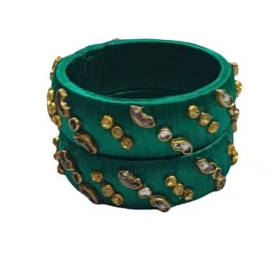Emerald Green Silk Thread Bangles with Golden Kundan Work view 3