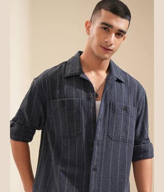 Highlander Cotton Blend Oversized Fit Striped Full Sleeves Men's Casual Shirt - Multicolor ( Pack of 1 )