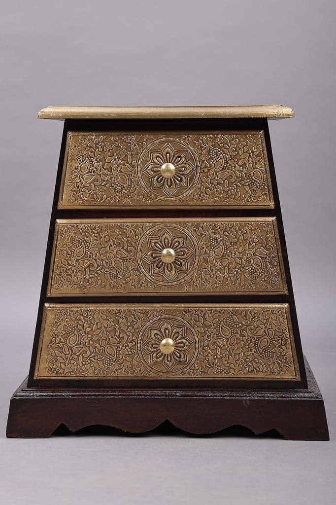 Wood To Cart® 18" Pyramid Shape Three Drawer With Brass Fitting | Wooden Drawer | Handmade | Made In India - Mango