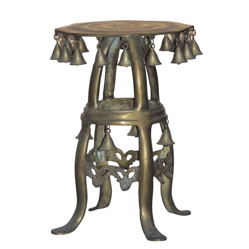 Brass Stool with Hanging Bells - Decorative Home & Temple Showpiece, Height : 19.3 Inch (BSMAS821 A) view 2