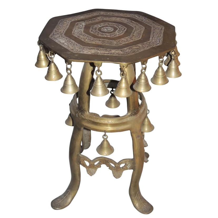 Brass Stool with Hanging Bells - Decorative Home & Temple Showpiece, Height : 19.3 Inch (BSMAS821 A) view 3