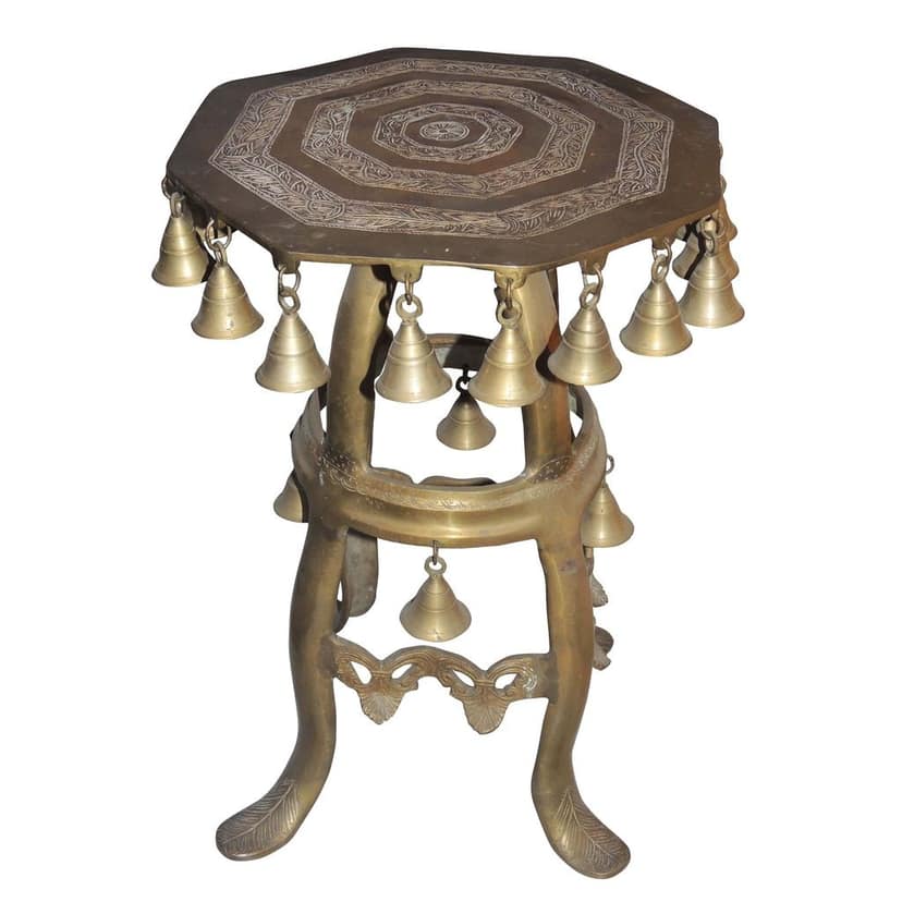 Brass Stool with Hanging Bells - Decorative Home & Temple Showpiece, Height : 19.3 Inch (BSMAS821 A) view 4