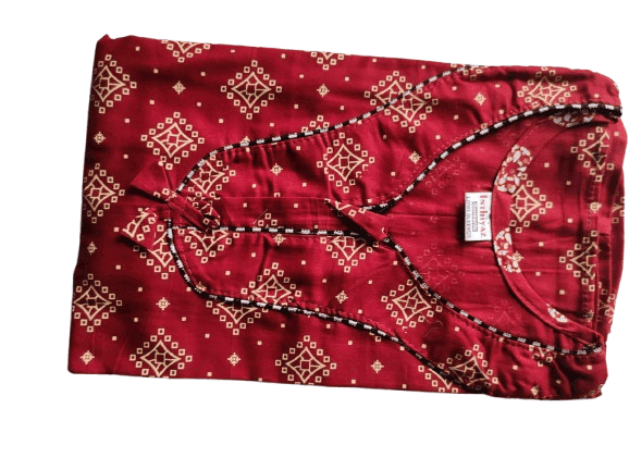 Women's Long Sleeve Cotton Nightgown, Red and Gold Floral Print view 2