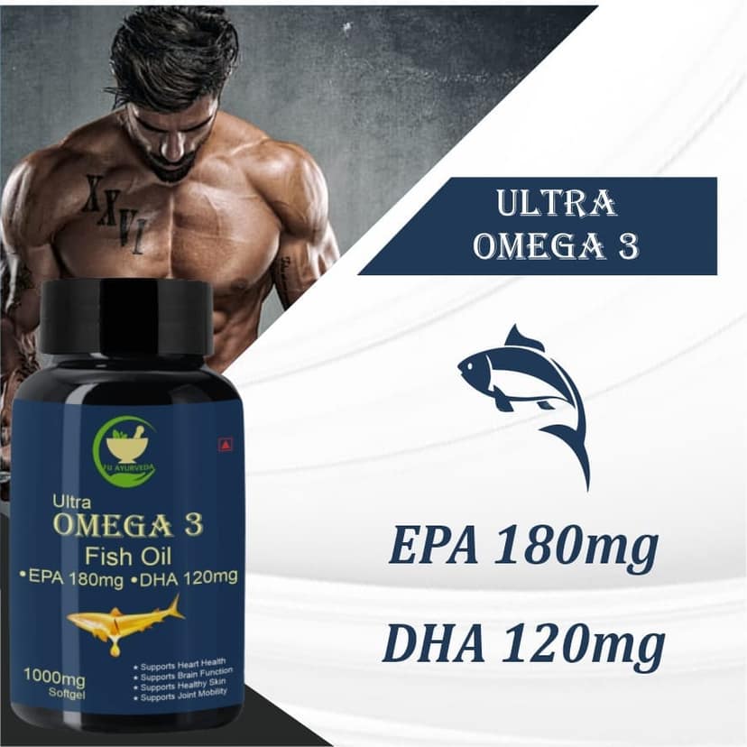FIJ AYURVEDA Ultra Omega3 Fish Oil Fatty Acid 1000mg | Omega3 Capsule (180 mg EPA & 120 mg DHA) Fish Oil Capsule | Supports Healthy Heart, Brain, Better Skin, Bones, Joint & Eye Care - 60 Softgel (Pack of 1) view 2